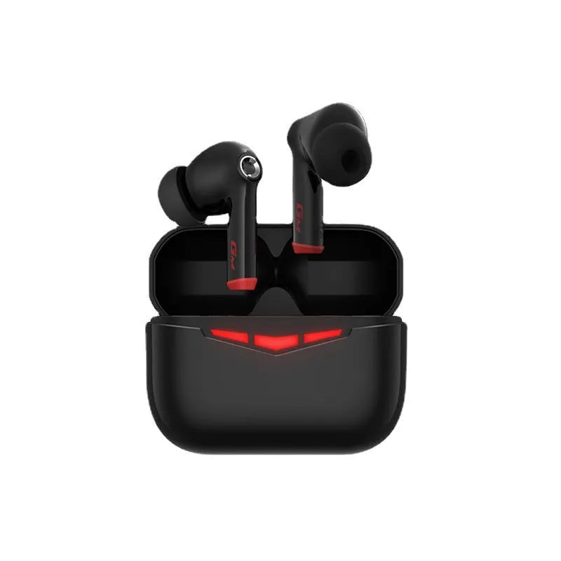 True wireless gaming earbuds and compact charging case in black, shown with silicone earmuffs.