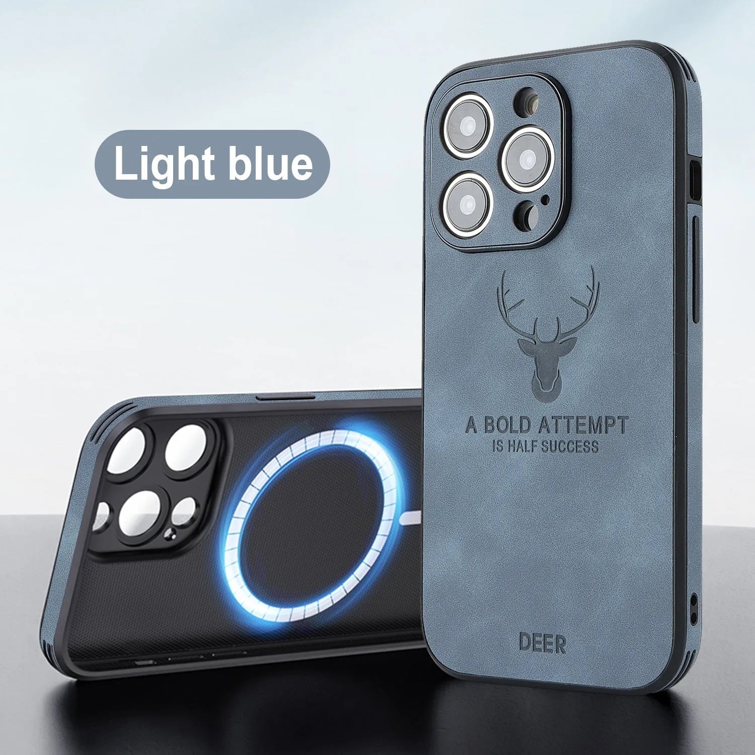 iPhone 16 magnetic charging case with embossed moose head design in imitation leather, shown in multiple colours.