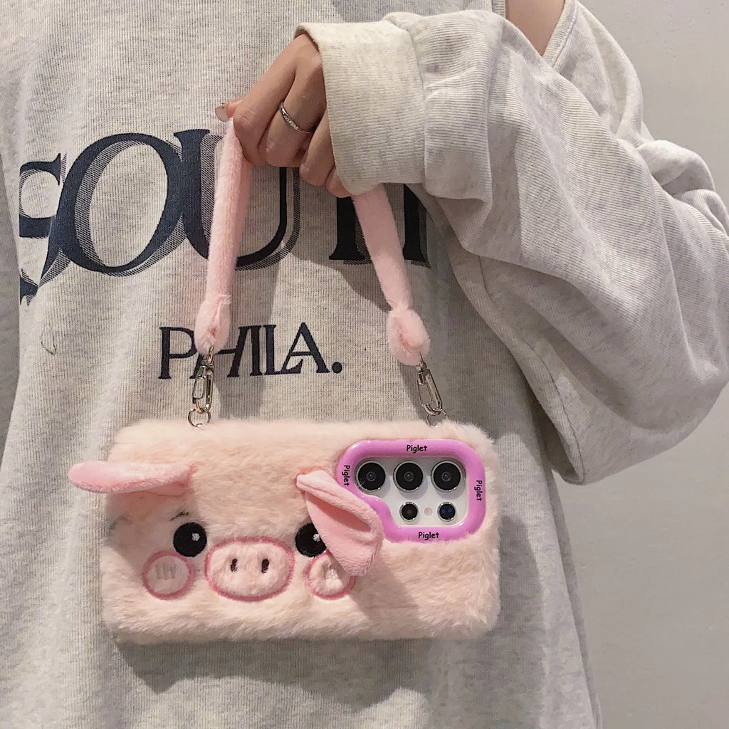 Plush cute piggy phone case with bracket on pink and white soft furry fleece cloth for Samsung smartphones