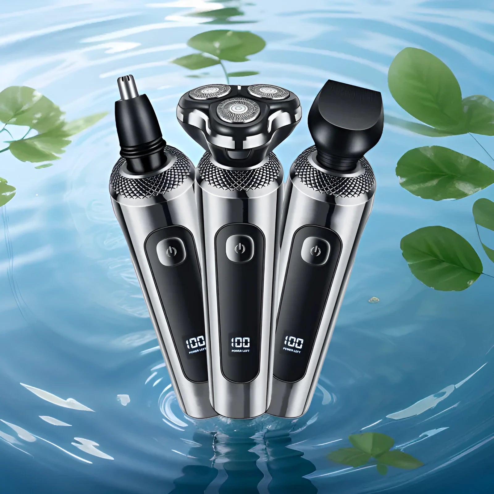 USB rechargeable beard trimmer with digital display and washable floating head on a stand.