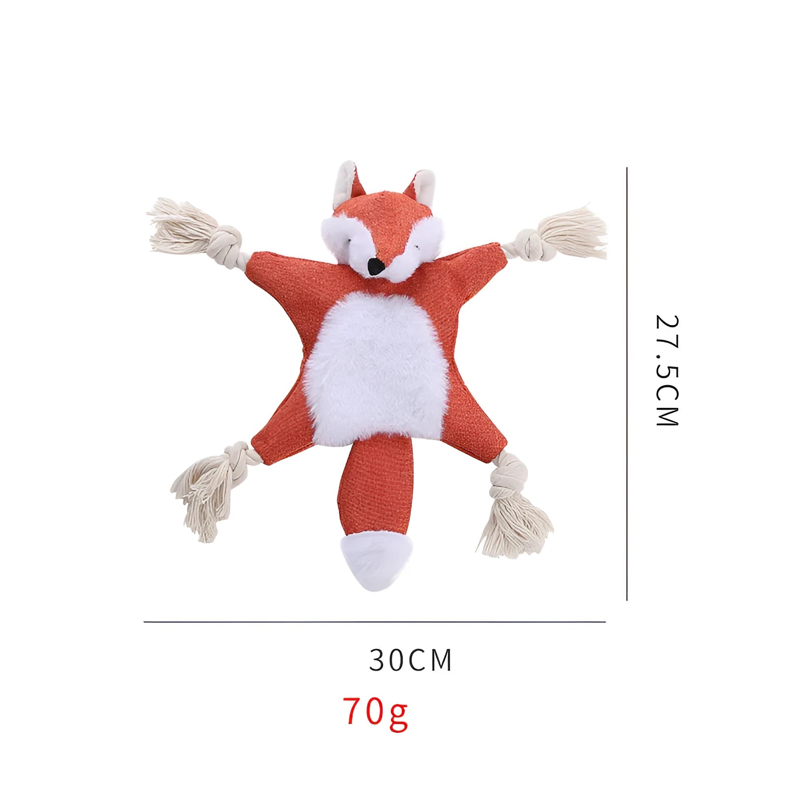 Brown fox-shaped dog toy with squeaker in head, crinkle paper body, and rope arms for chewing