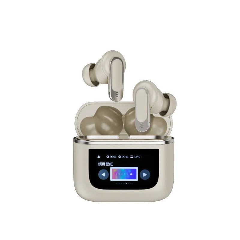 Wireless in-ear Bluetooth headphones with touch screen display and active noise cancellation technology