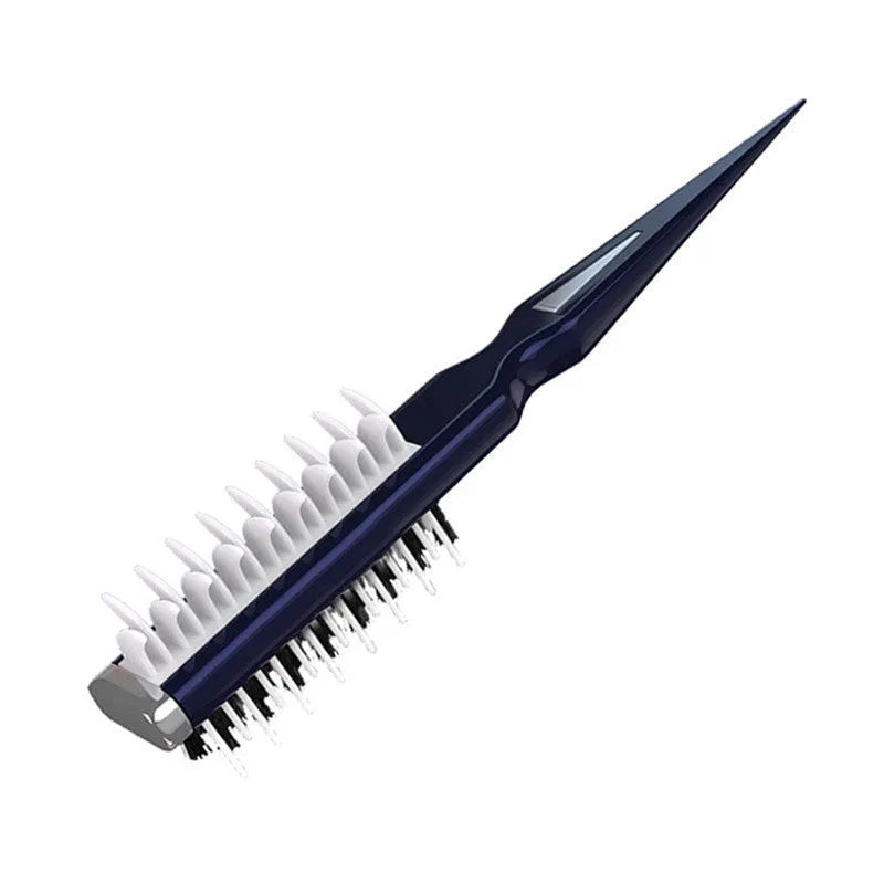 Black hair volumizing comb with natural boar bristles and shark-shaped fins on white background