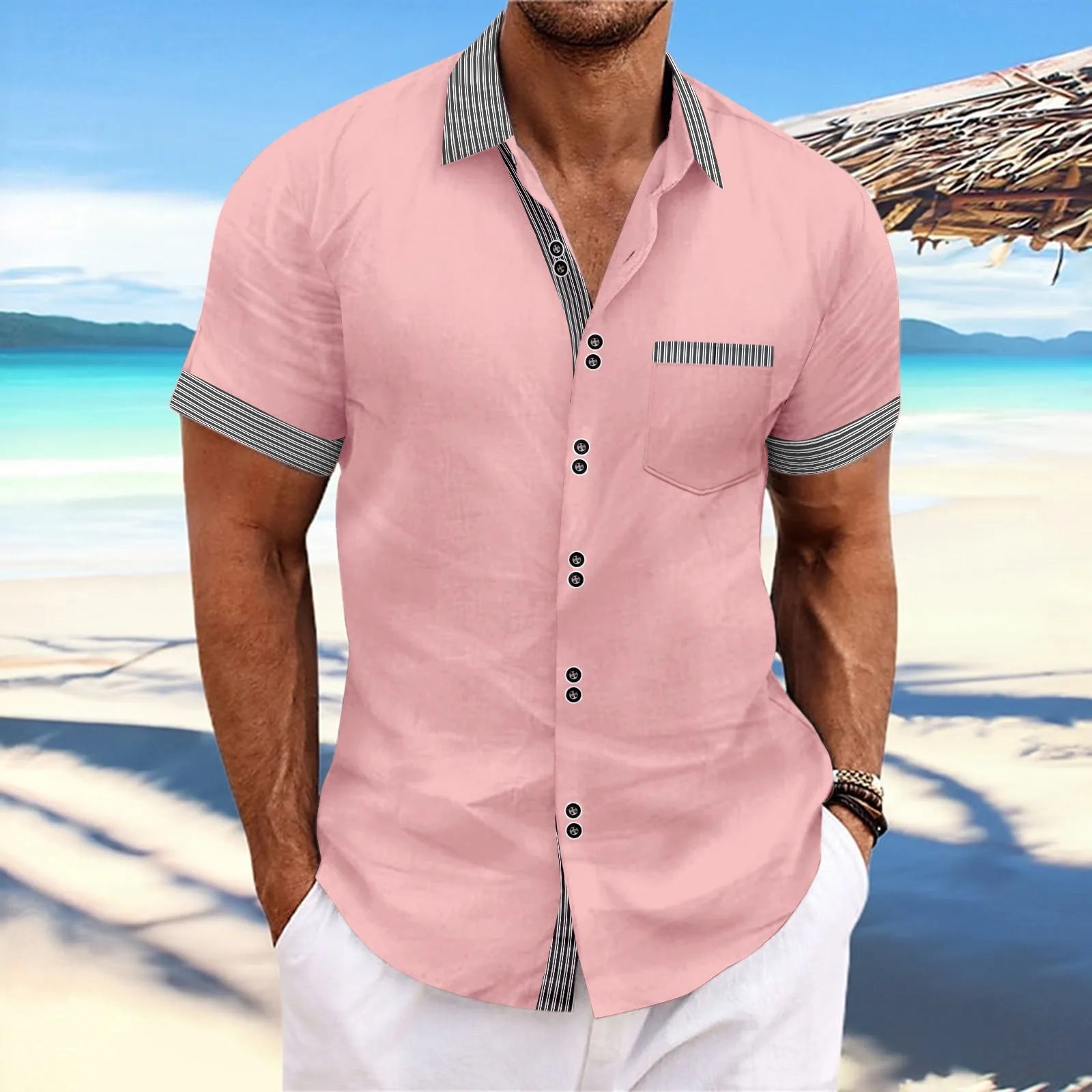 Men's slim fit striped short sleeve casual shirt in pure cotton on a hanger, showing double button detail.