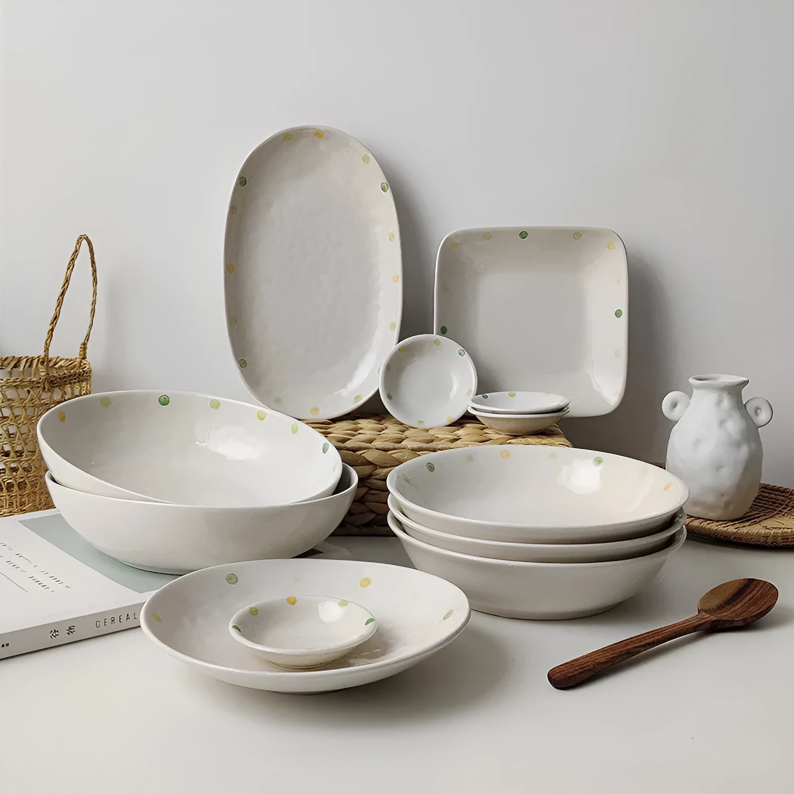 Set of dot pattern ceramic plates in Japanese style irregular shape 7.25 inches porcelain with underglaze colour