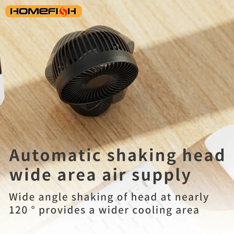 HOMEFISH F2 automatic shaking head portable fan with LED light on a removable bracket.