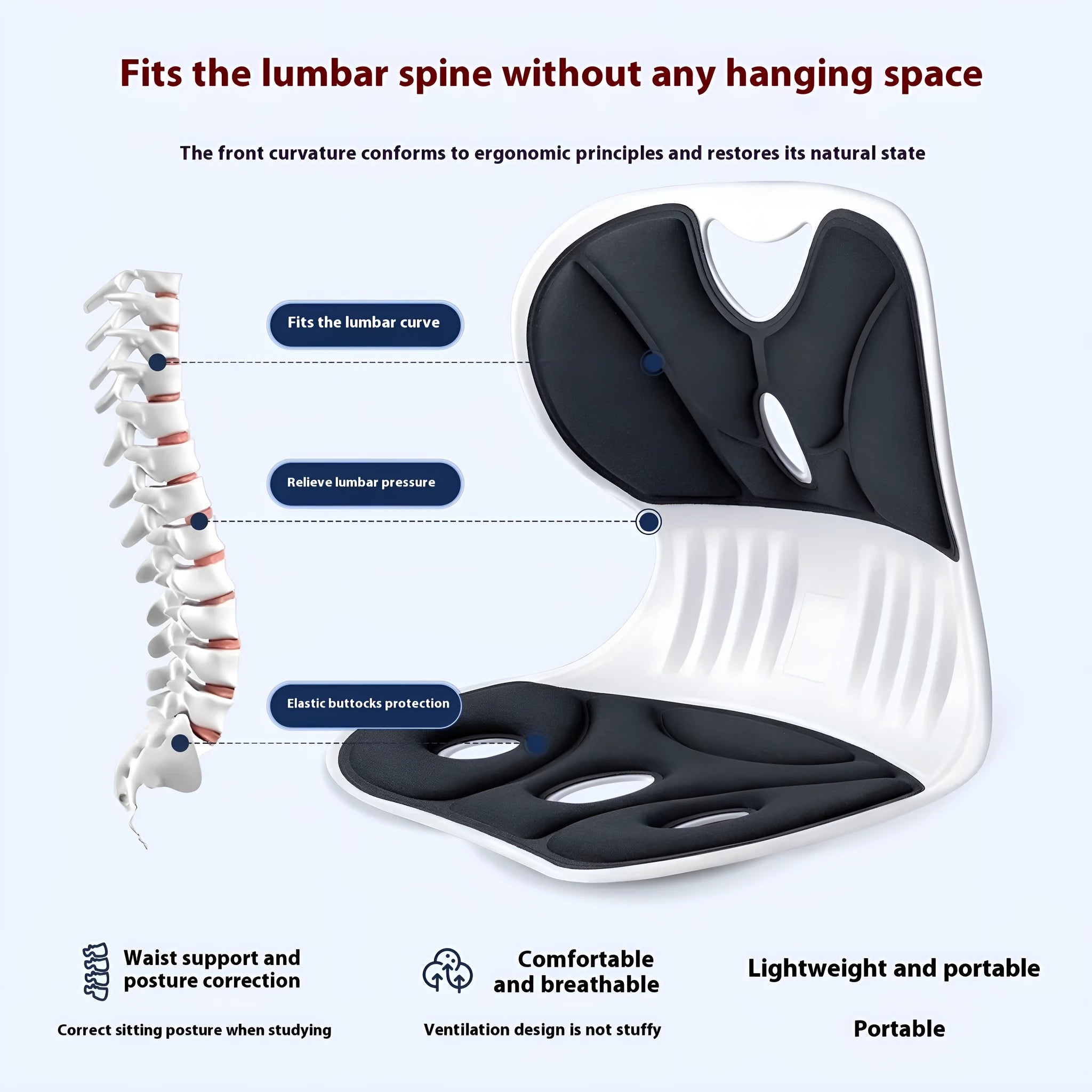 Grey and black lumbar support cushion for office chair and car seat use.