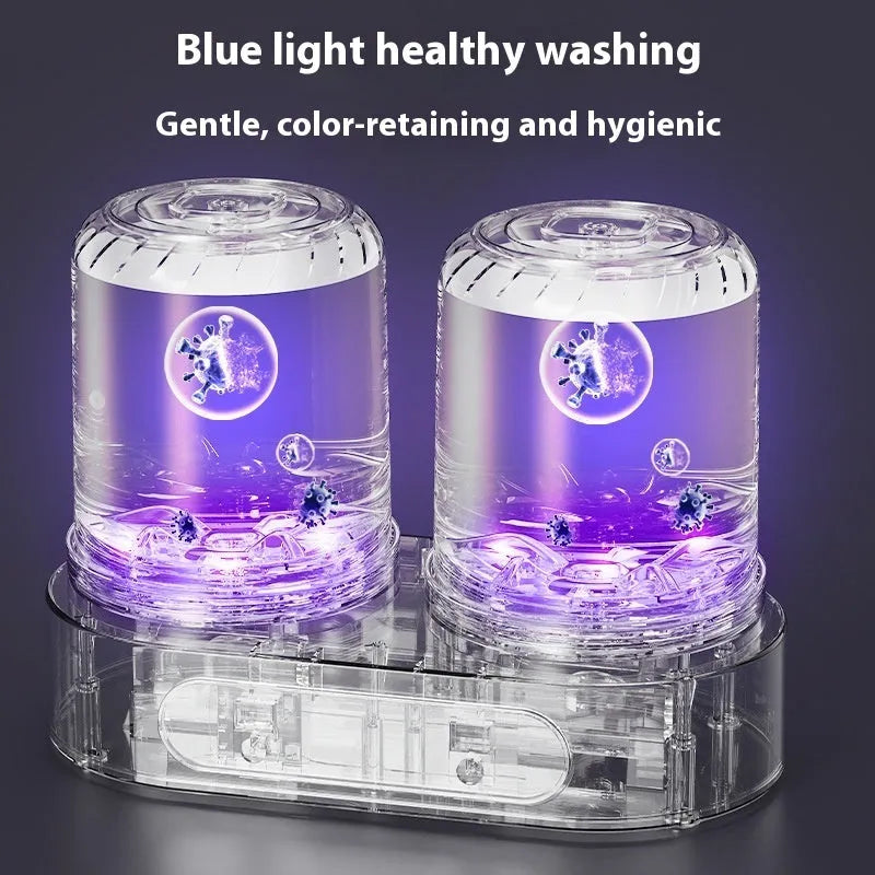White double bucket mini USB washing machine with two lids on a countertop.