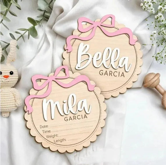 Square wooden baby room ornament with custom name engraving for nursery decor.