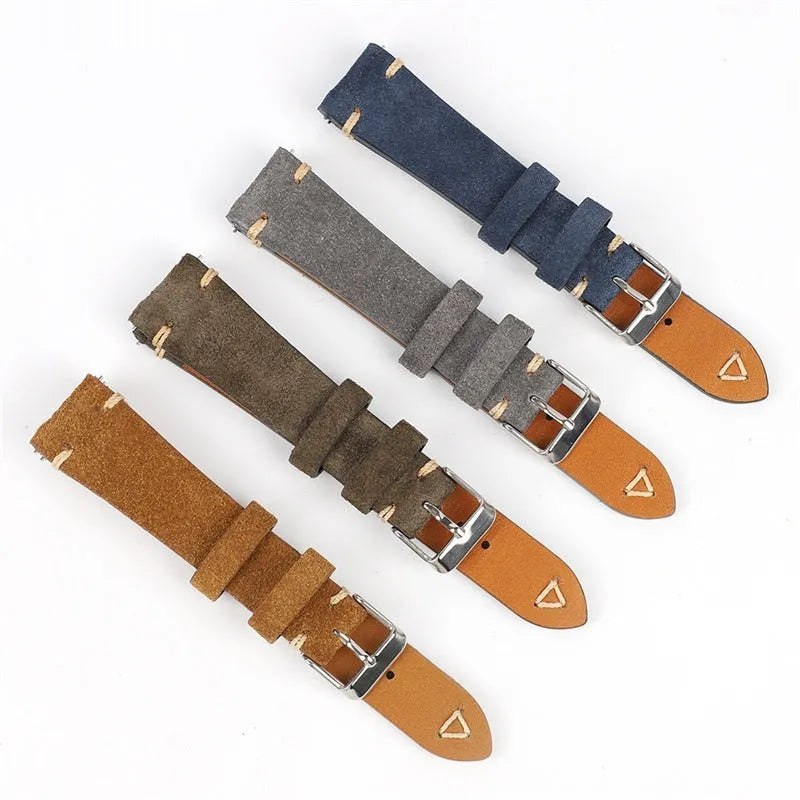 Genuine suede leather watch strap in brown, blue, grey, or army green for 20mm or 22mm watches.