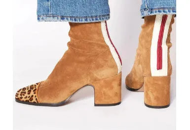 High heel square toe suede Martin boots, chunky heel, back zipper, leopard print, low-cut, women's size 34-43