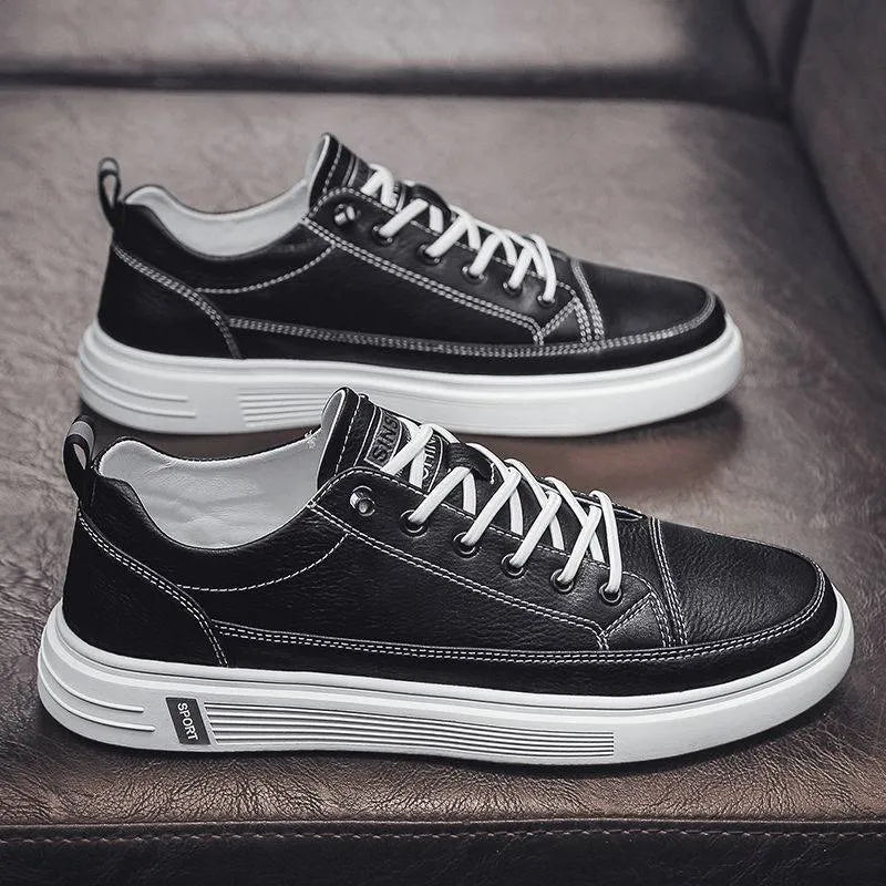 Men's low-heel casual trainers in beige, white, and black colours, showing round toe and Korean style.