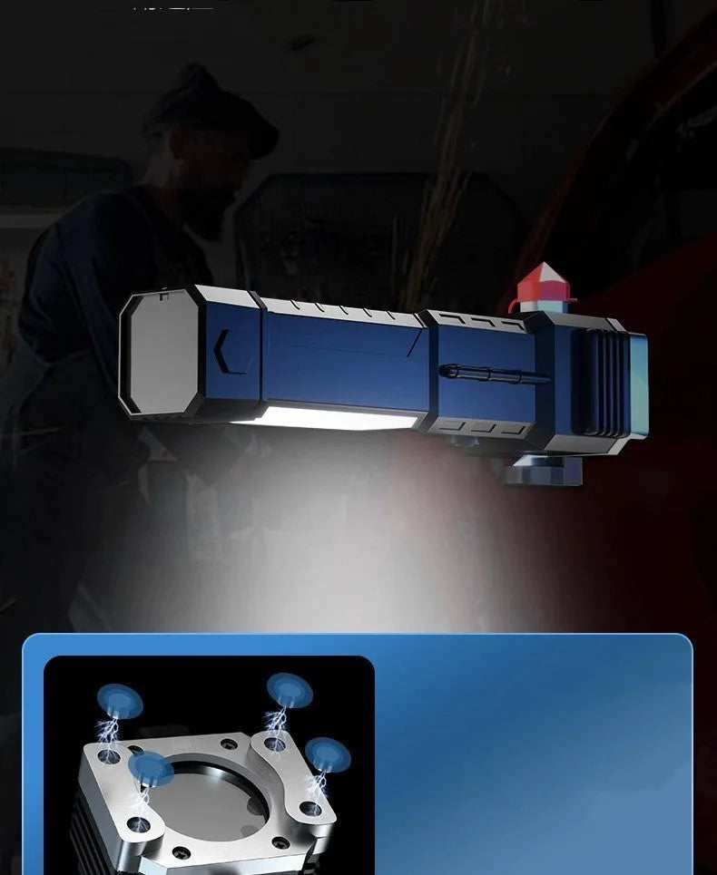 Silver portable power bank with integrated LED flashlight for emergency and outdoor use.