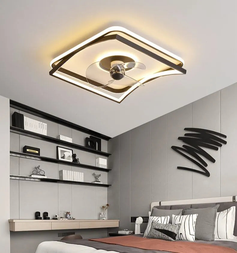 Modern black ceiling fan lamp with integrated LED light and remote control for bedroom or dining room