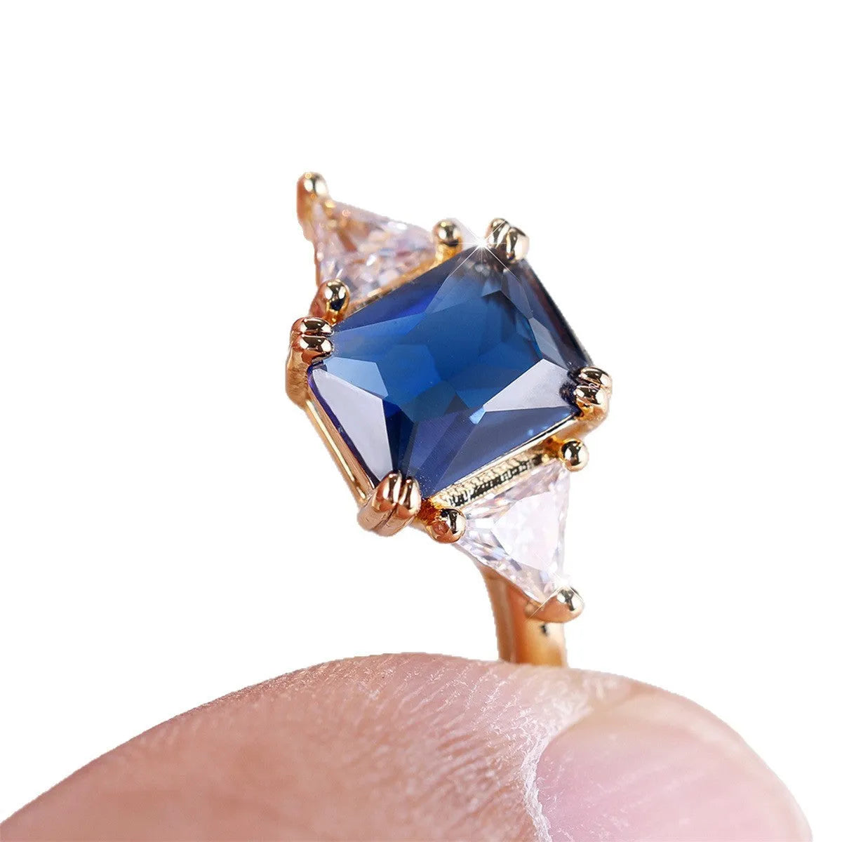 Rectangular copper ring with gold sapphire blue finish for women