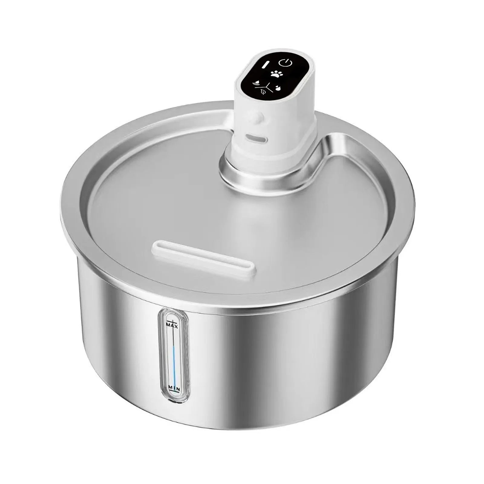 Stainless steel pet water fountain with a white heating base on a kitchen counter.