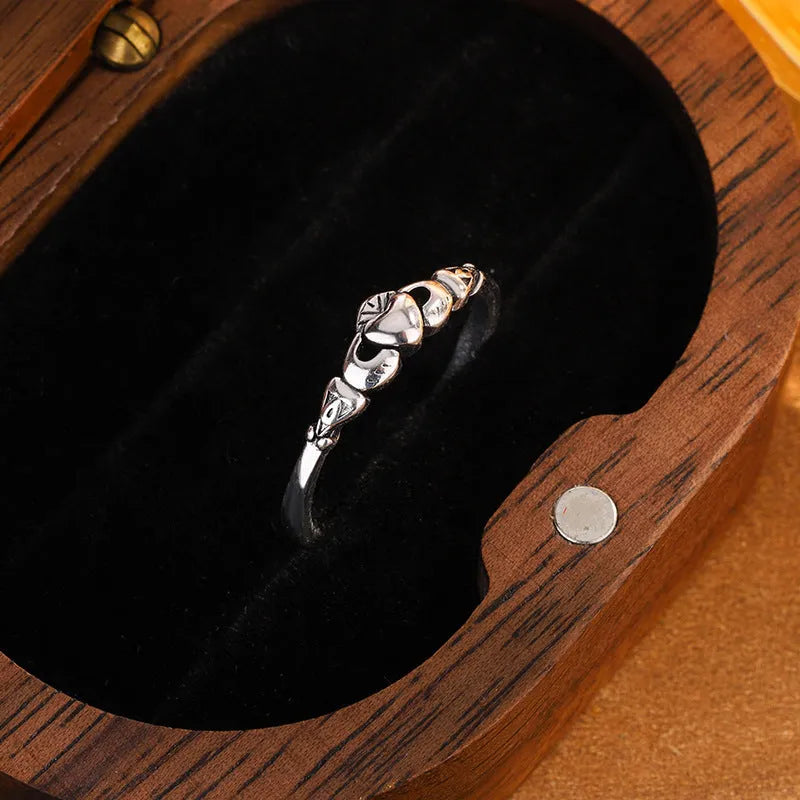 Retro silver heart-shaped open ring for women made from copper.
