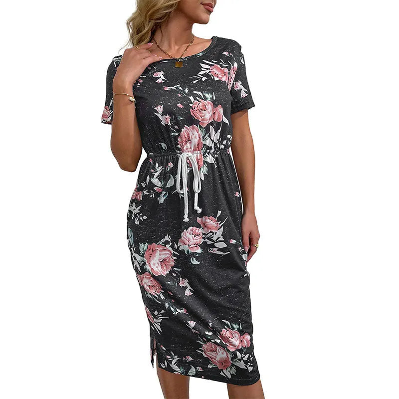 Casual women's high-waist printed polyester dress in black and dark blue options sizes S to XL