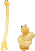 Brown, grey, and yellow foldable plush dog toy with squeaker and crinkle material.