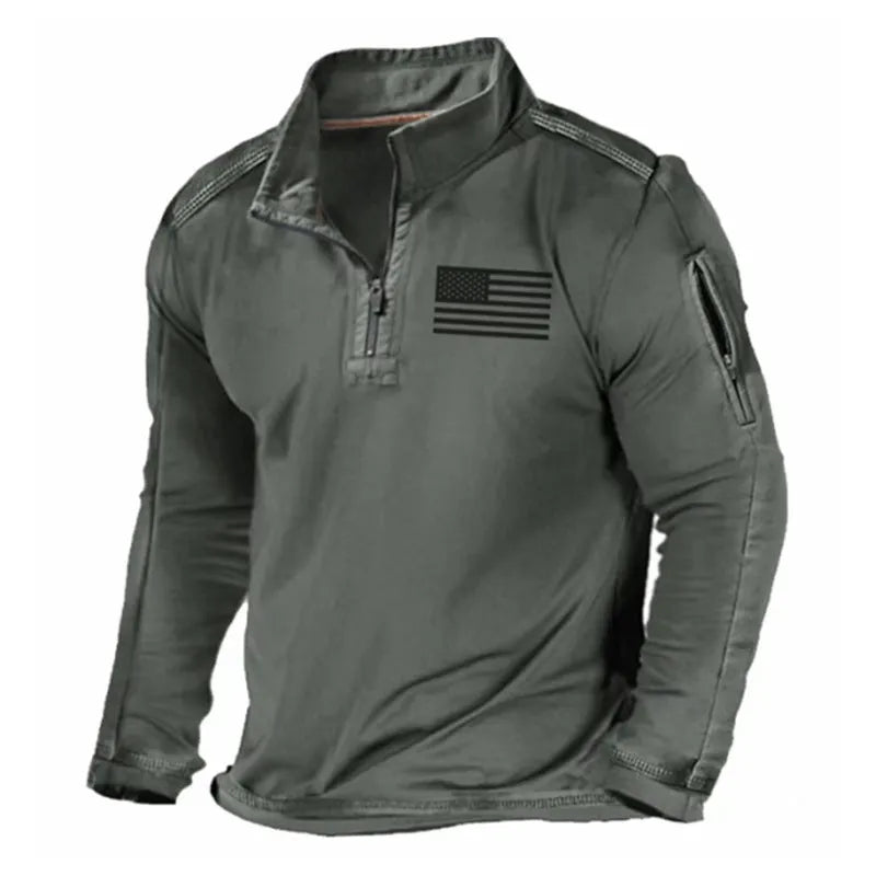 Men's grey zip collar long sleeve pullover sweater on a model.