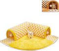 Brown plush plaid cat tunnel bed with central mat showing collapsible tube design