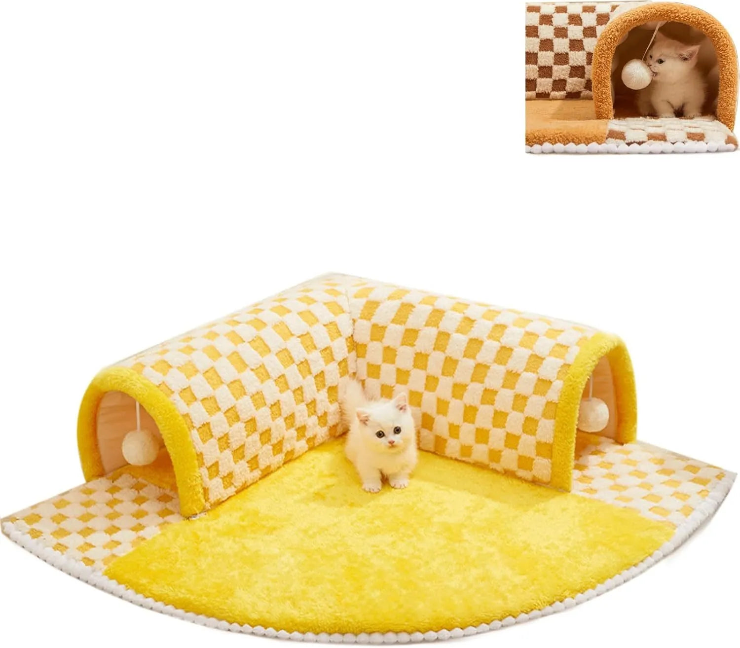 Brown plush plaid cat tunnel bed with central mat showing collapsible tube design
