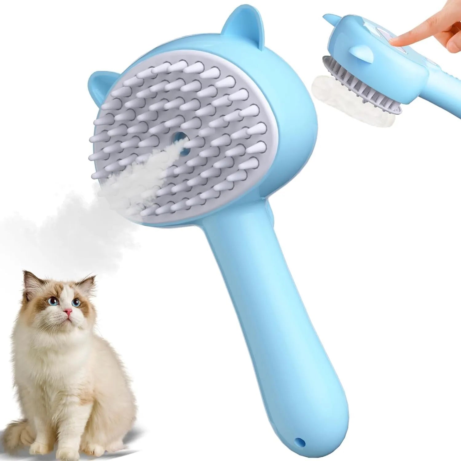 Blue cat steam brush with ergonomic handle, rubber bristles and mist spray function for pet grooming