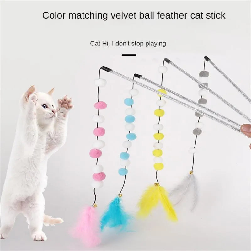 31cm long cat teaser rod with colourful pompons and feather toys for interactive play