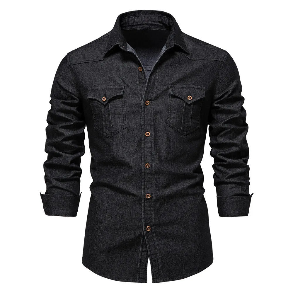 Men's slim fit cotton denim shirt in solid colour on hanger