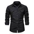 Men's slim fit cotton denim shirt in solid colour on hanger