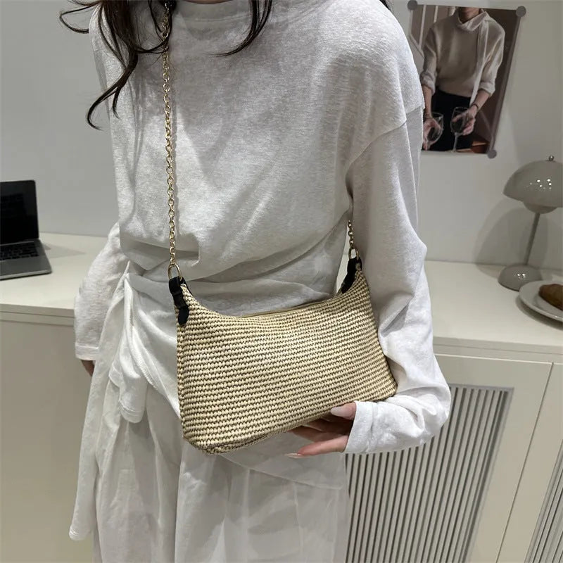 Straw woven shoulder tote bag with mobile phone compartment and sandwich pocket in khaki colour