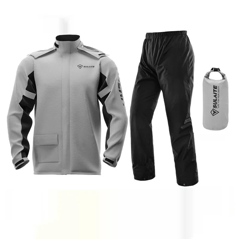 Black motorcycle rain suit with split raincoat, rain trousers, hidden shoe covers, and storage bag laid out