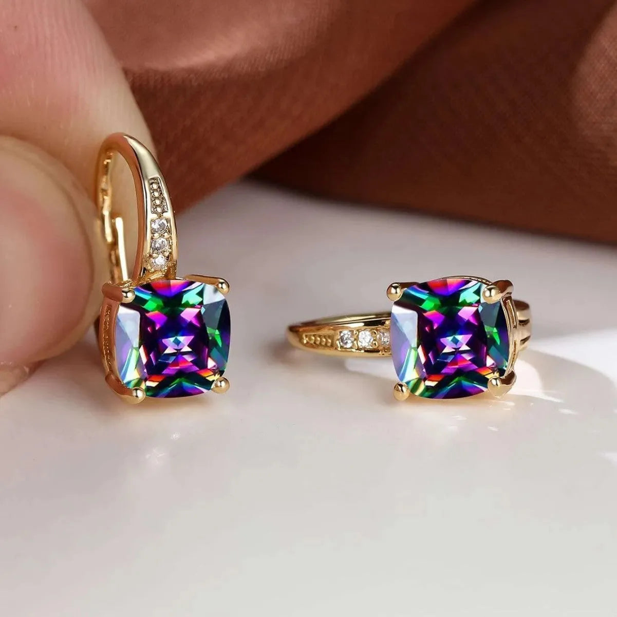 Square copper ear clips with colourful moissanite inlays in gold electroplated finish