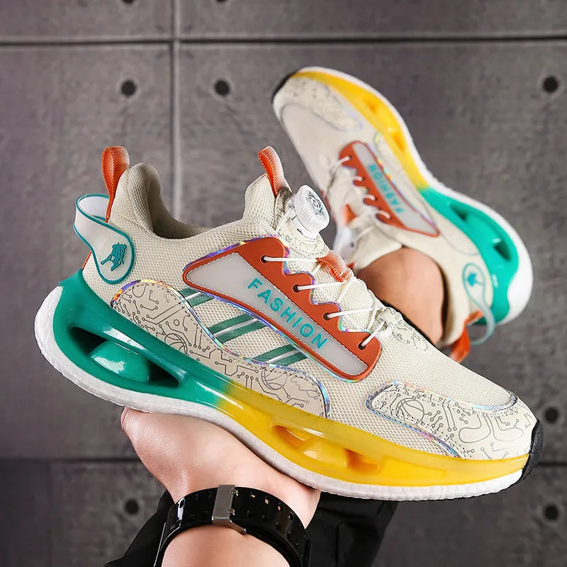 Men's low-top mesh sports shoes in solid colours with an elastic band and popcorn TPU sole.
