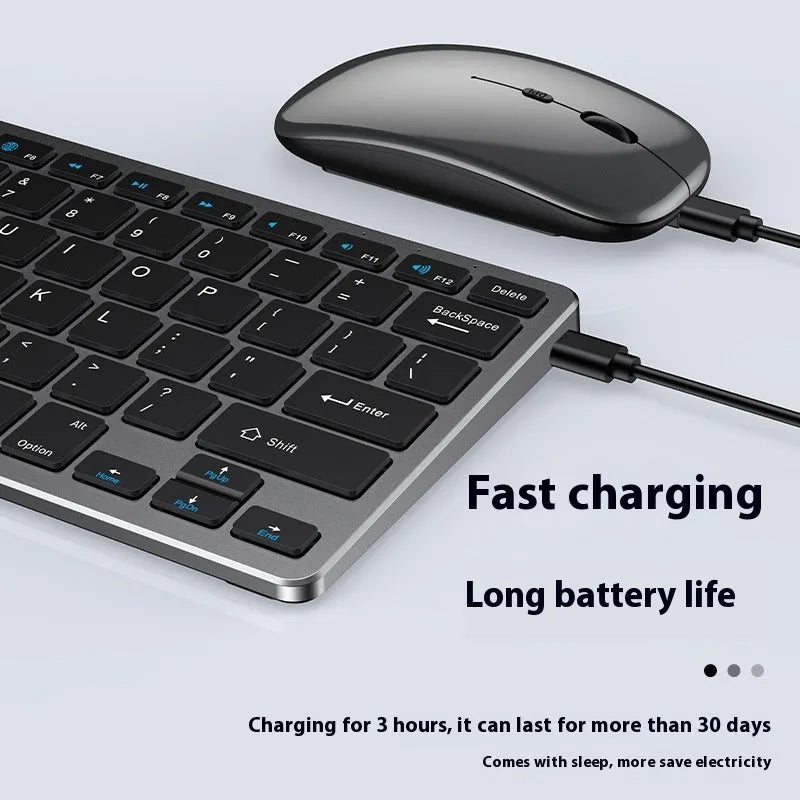 Ultra-thin wireless keyboard and rechargeable mouse set in black, silver, or gun metal colours with Bluetooth connectivity