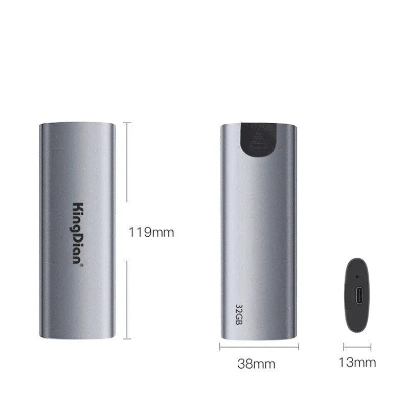 Grey aluminium mobile SSD hard drive with USB 3.0 connector for phone storage expansion.