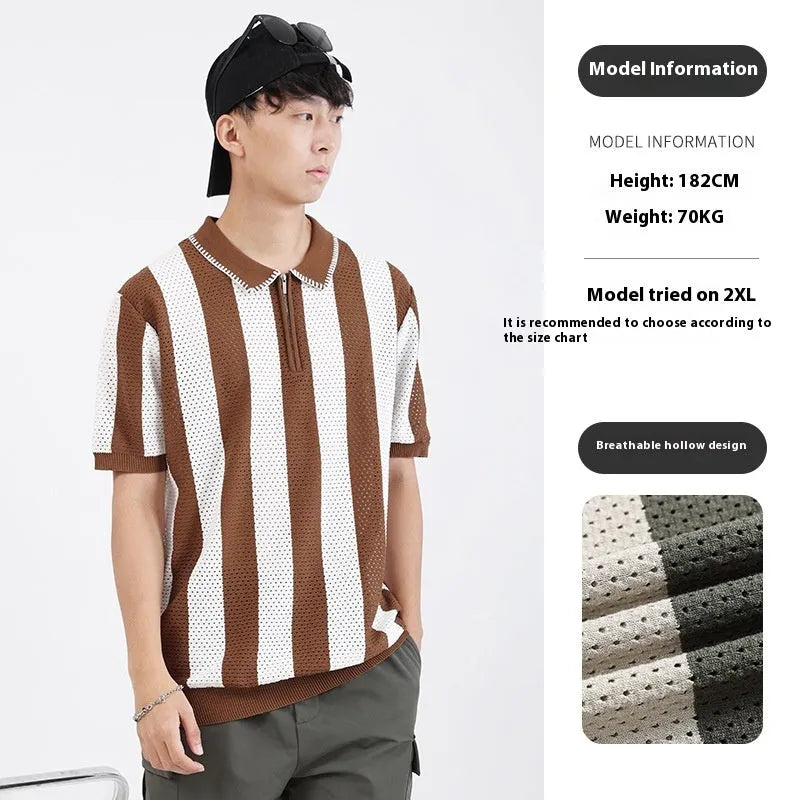 Man wearing a striped short-sleeve ice silk sweater with a decorative zipper detail.