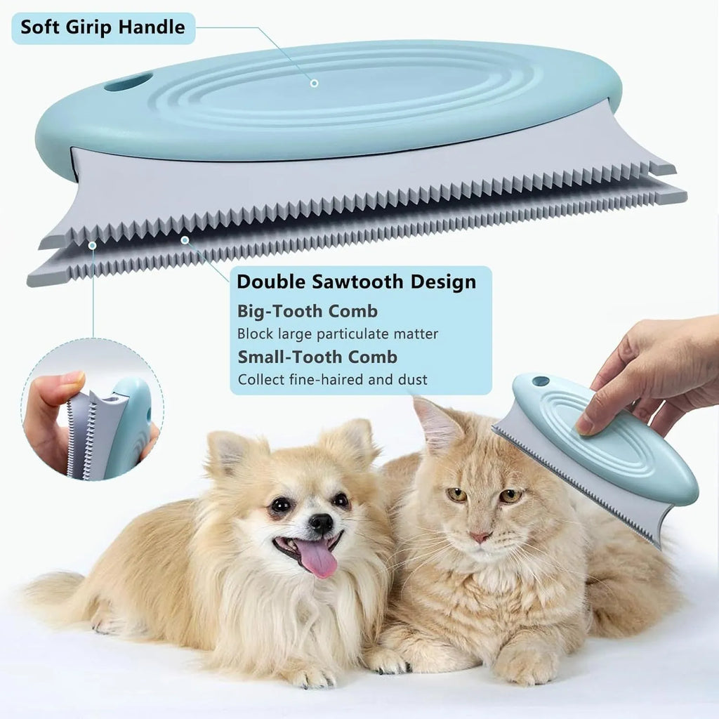 Three-piece pet hair remover set showing metal lint tool, silicone brush, and round scraper for clothes sofa car cleaning