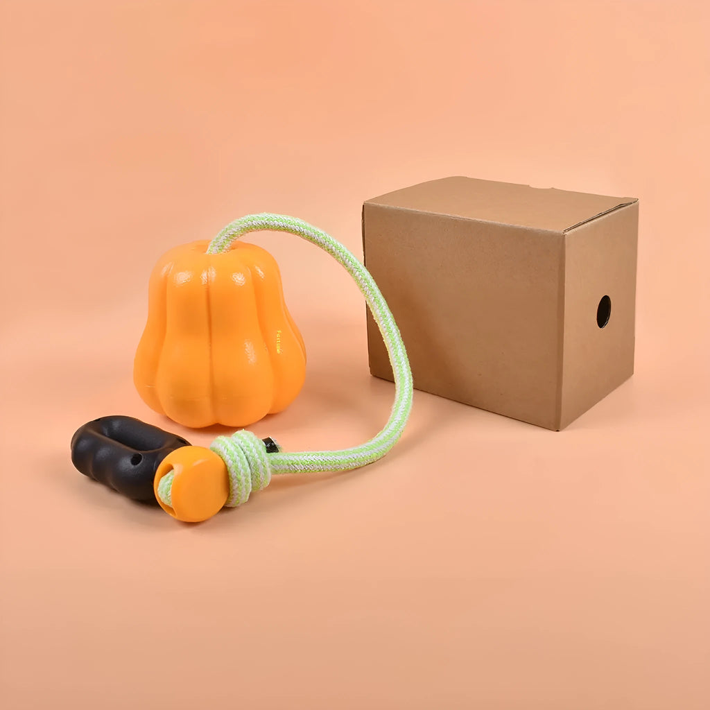 Orange Bite Molar plastic dog toy with rope, shown on grass for outdoor use.