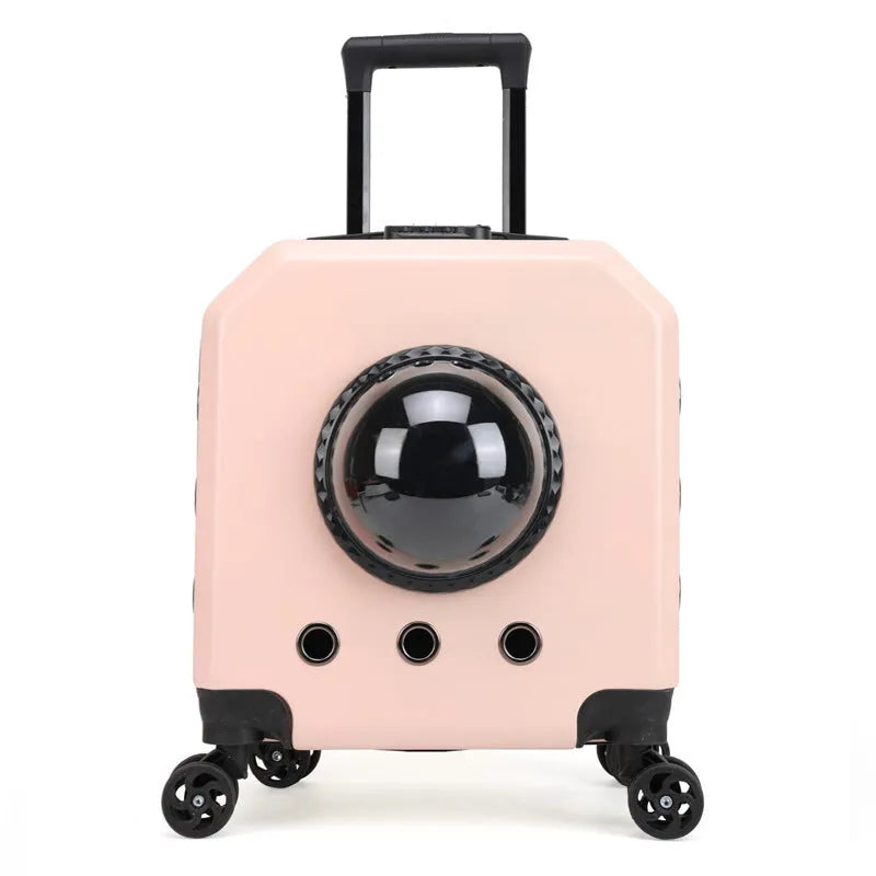 Hard-shell PVC pet flight trolley case in pink colour with retractable handle and wheels.