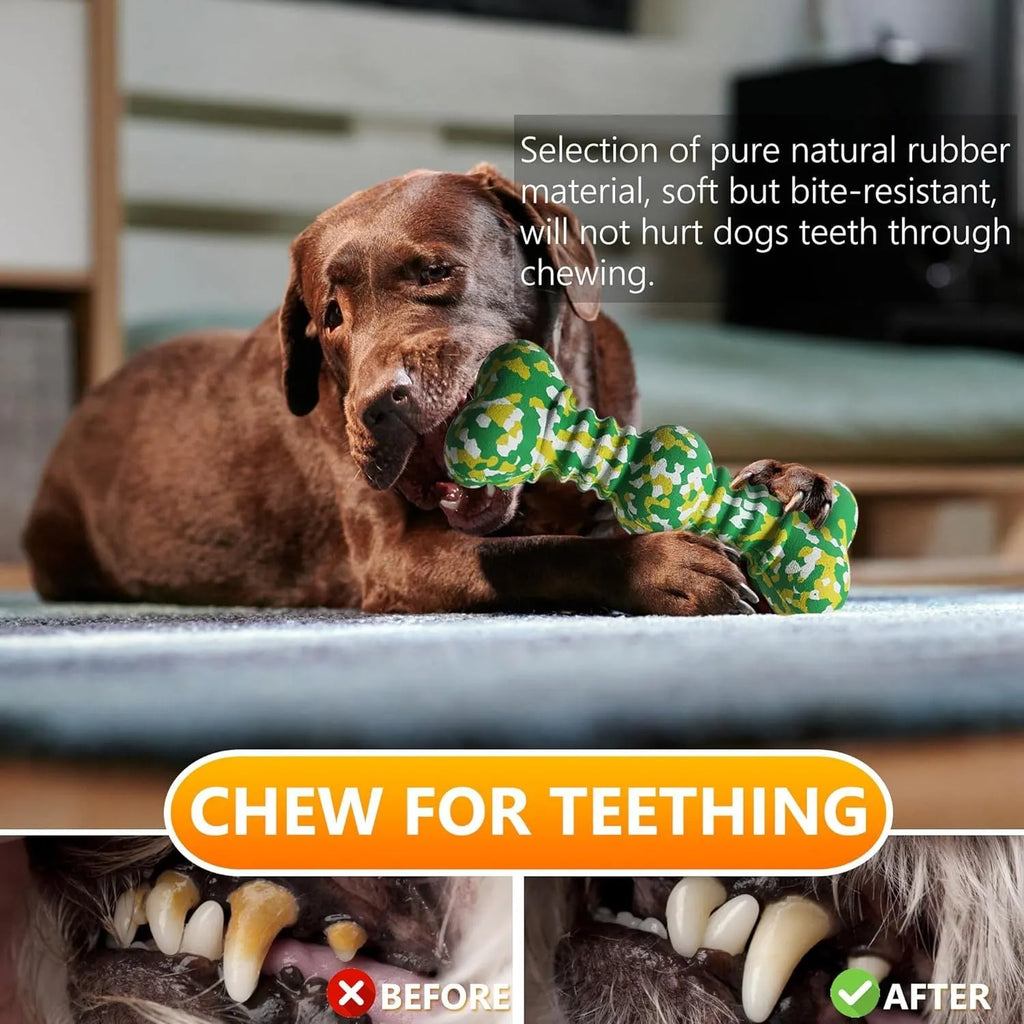 Green, white, and yellow camouflage pattern natural rubber dog chew bone for large breeds.