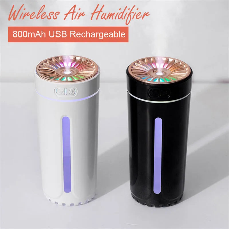 Wireless air humidifier with colourful lights on a car cup holder, 800mAh rechargeable cool mist maker