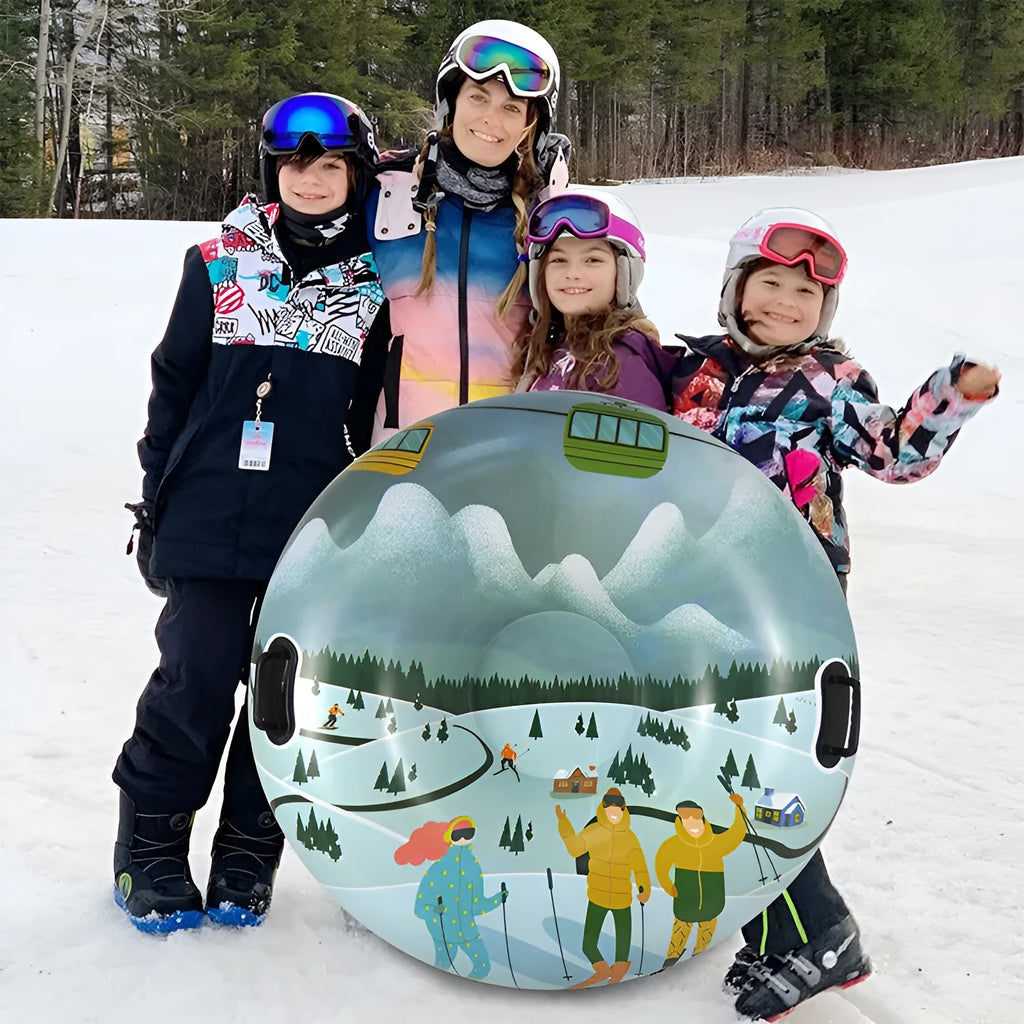 Colourful printed PVC winter ski ring toy for children's snow play, shown in red, blue, and white designs.