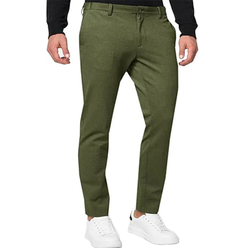Men's slim-fit tapered chino trousers in a grey cotton blend fabric with a zipper fly.