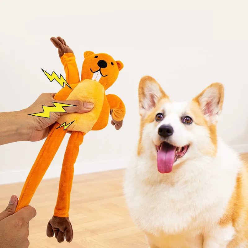 Orange plush dog toy for interactive tug-of-war, chewing and noise-making play