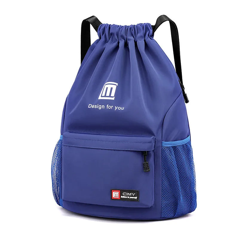 Oxford drawstring backpack in bucket shape with pull-cord closure and water-repellent fabric