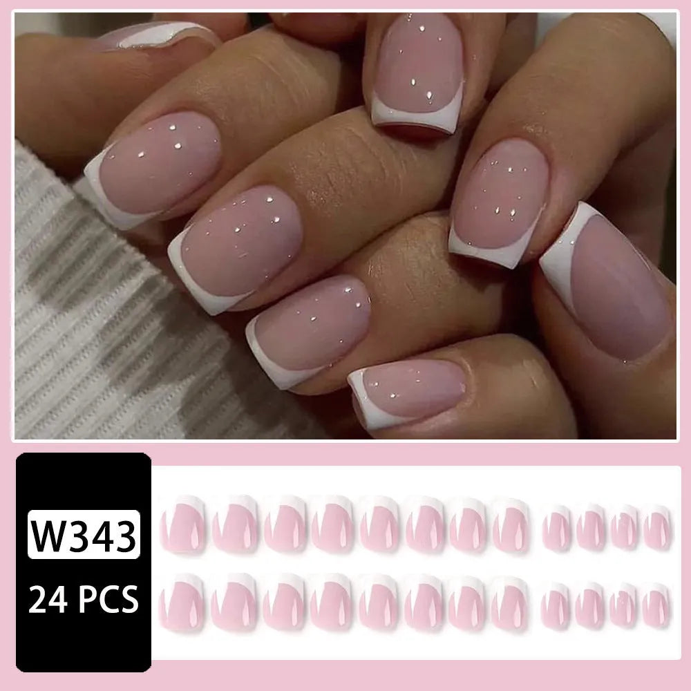 24 white coffin shaped fake nails with a black and white plaid pattern printed on the surface.