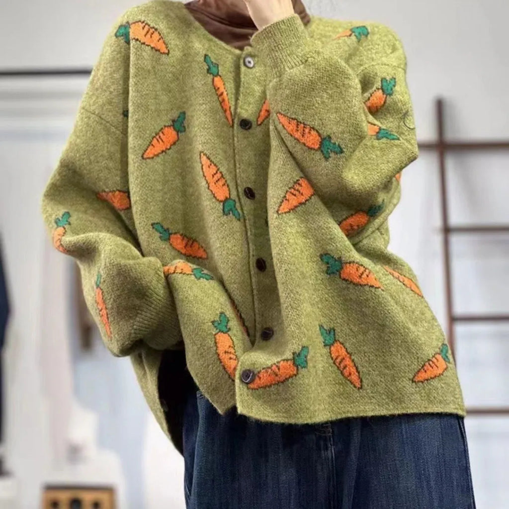 Round neck loose cardigan with Mori artistic colour contrast printing.