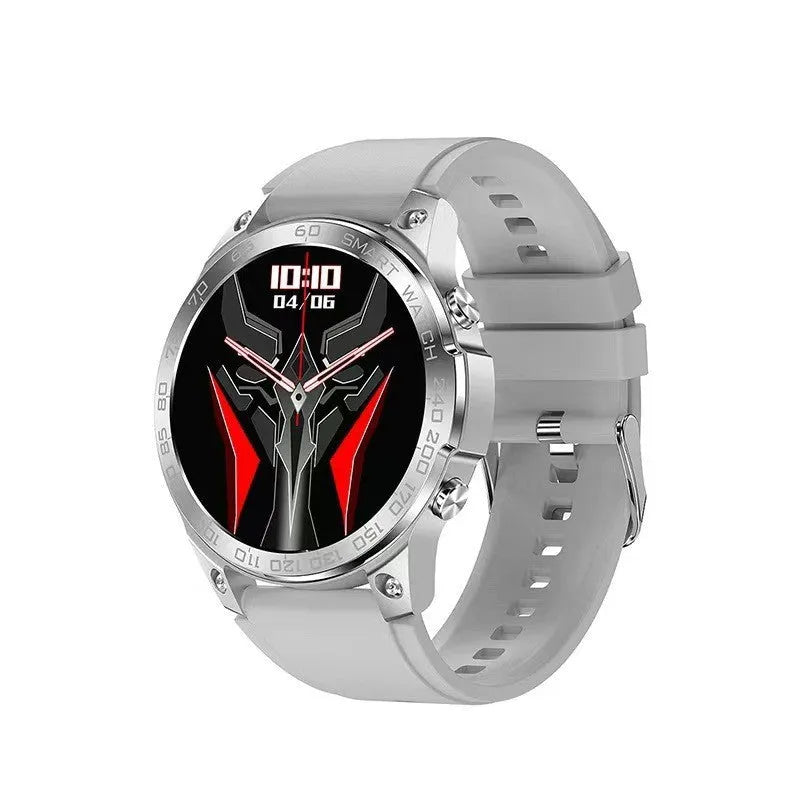 Round smartwatch with silicone band showing always-on AMOLED display with Bluetooth call interface