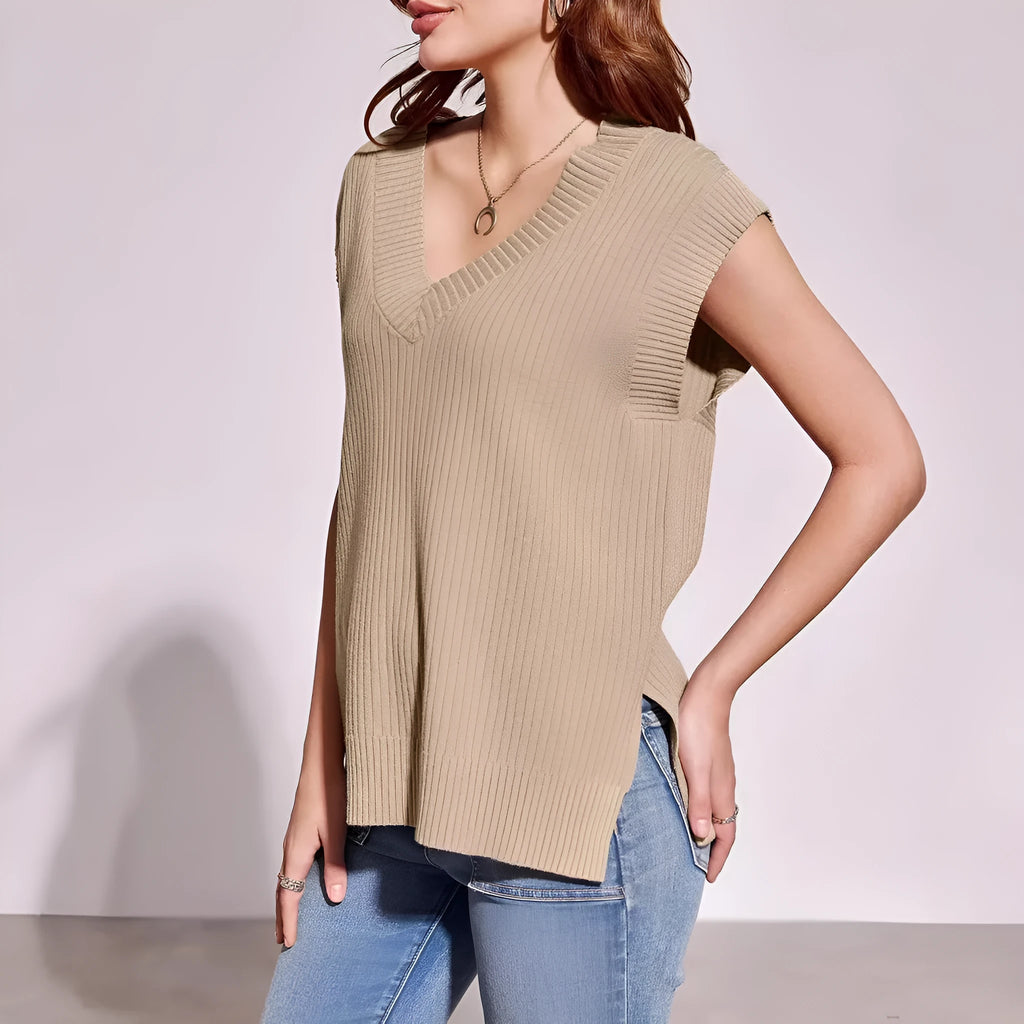 Women's camel colour V-neck sleeveless casual vest in loose fit viscose fabric